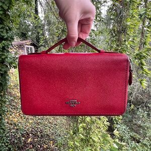 COACH Double Zip-Around Travel & Phone Wallet RED Crossgrain Leather AUTHENTIC